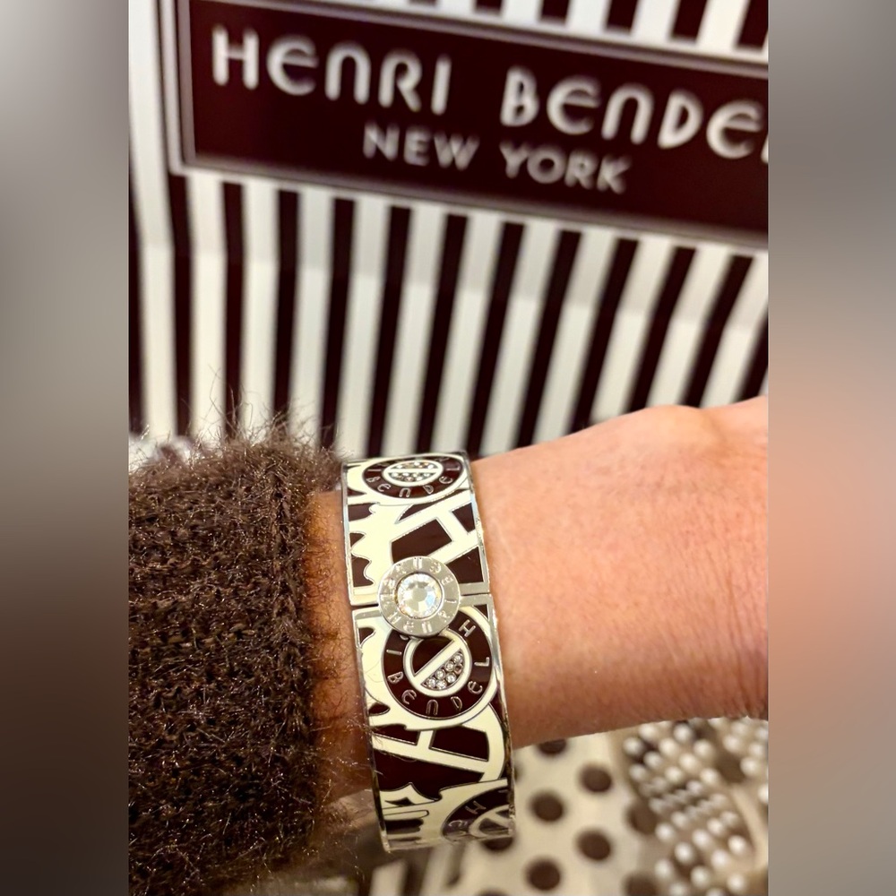 HENRI BENDEL Cream and Brown Enamel Logo Bangle Cuff w/Gold Accents & Crystals - Picture 3 of 16